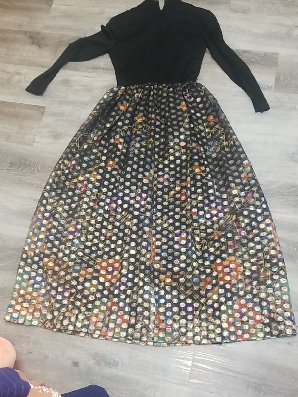 Black Long Sleeve Maxi Dress with Multicolor Metallic Brocade Skirt - Picture 8 of 10
